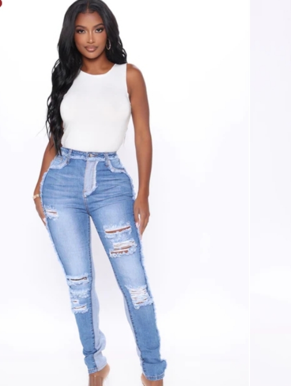 Fashion Nova Pull It Together Two Tone Skinny Distressed Light Blue Jeans - Picture 1 of 8